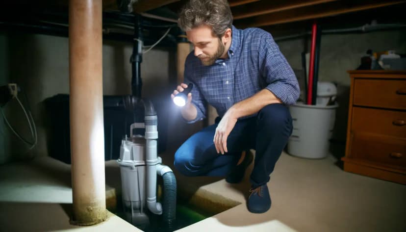 homeowner inspecting their sump pump in a basement.