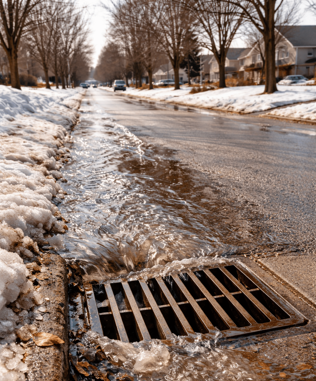 spring thaw and heavy rain flowing down street